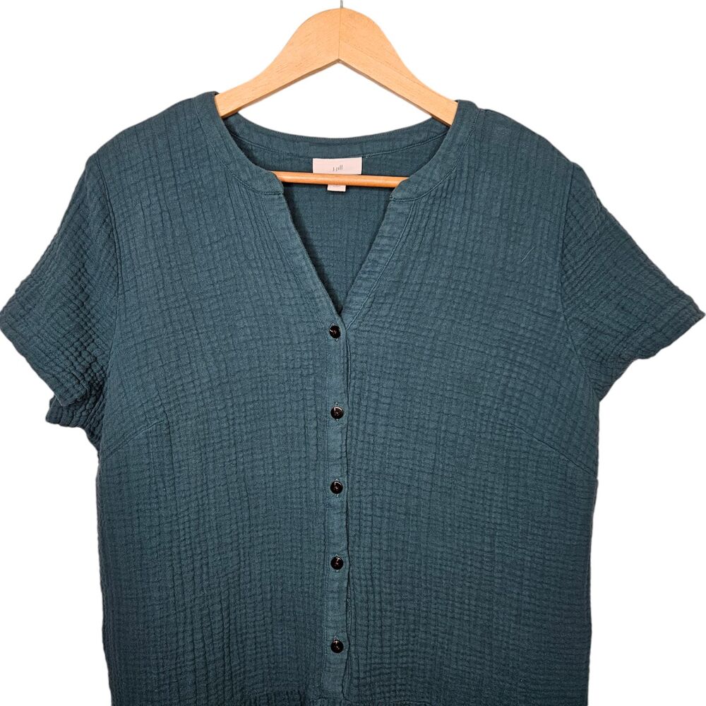 J. Jill Teal Textured Button-Front Cap-Sleeve Dress - Picture 2 of 10
